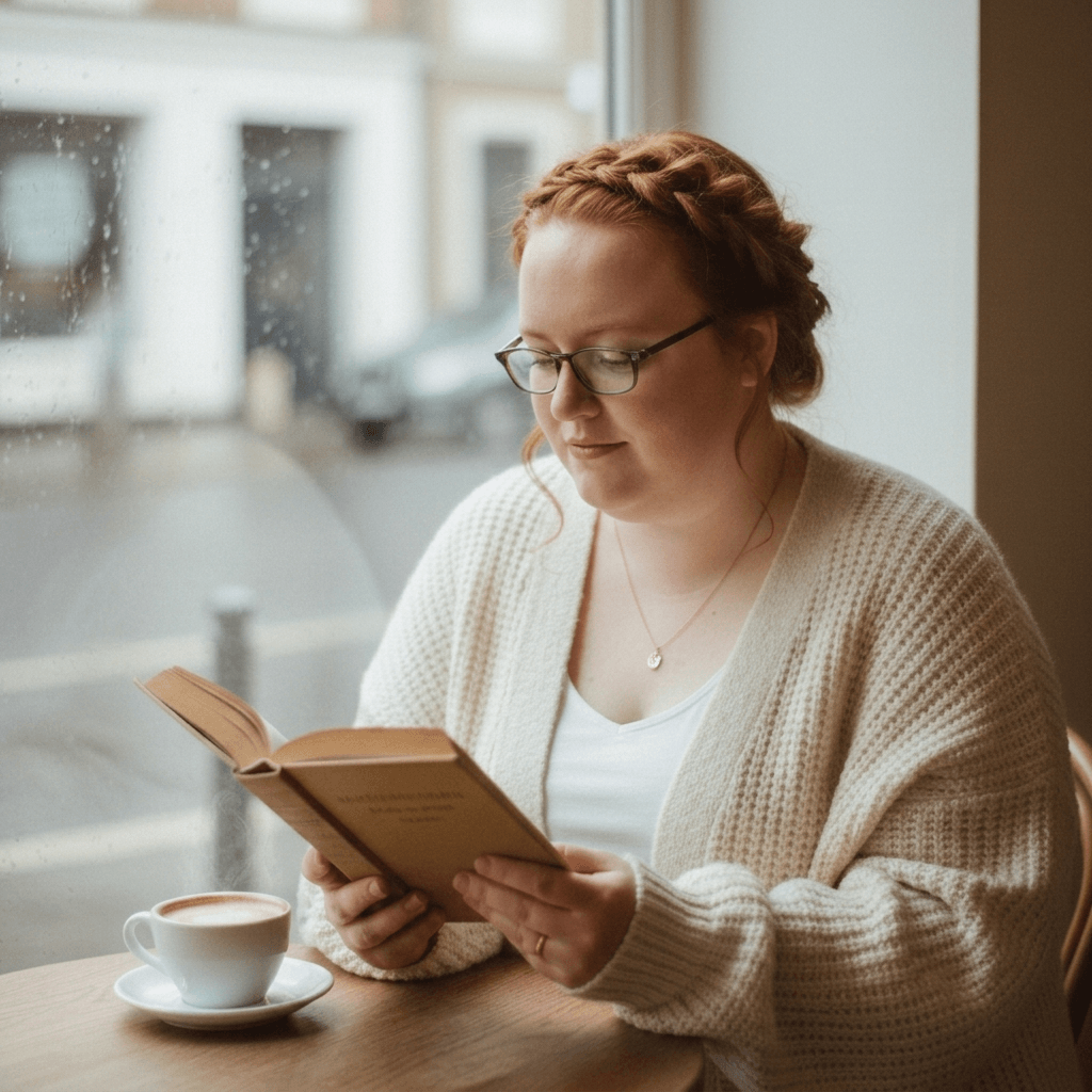 Angie, reading a book by a rainy window with a coffee